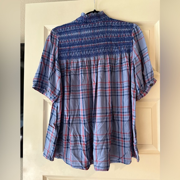 Anthropologie Maeve Lise Smocked Plaid Short Sleeve Button Up Blouse - Picture 10 of 10